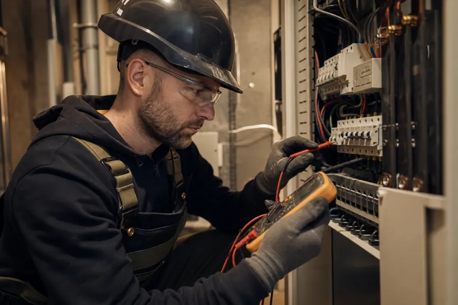 Electrician testing a commercial electrical panel