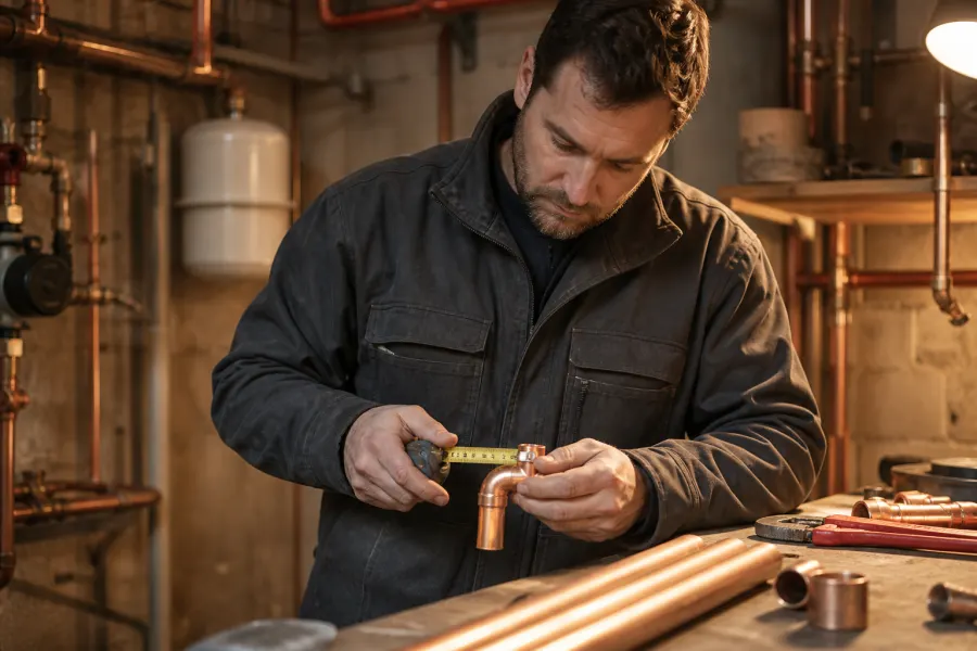 Plumber measuring copper pipe in a mechanical room
